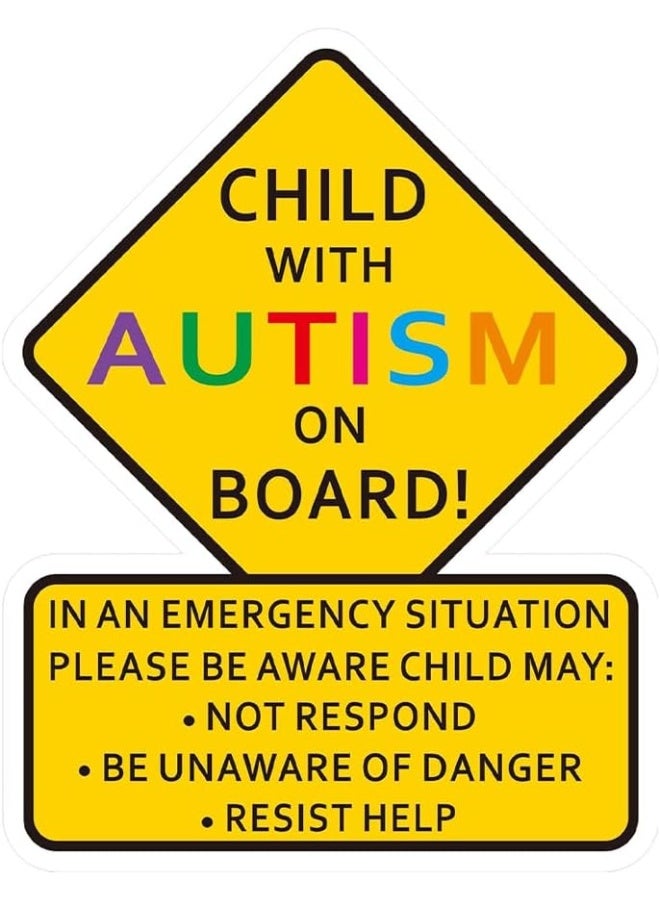 abley's Child with Autism on Board Car Safety Sticker, Yellow Diamond Warning Sign with Emergency Instructions, Reflective Vehicle Decal - Image 1